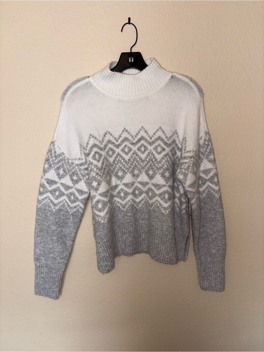 Nine West White and Gray Fair Isle Mock Neck Sweater